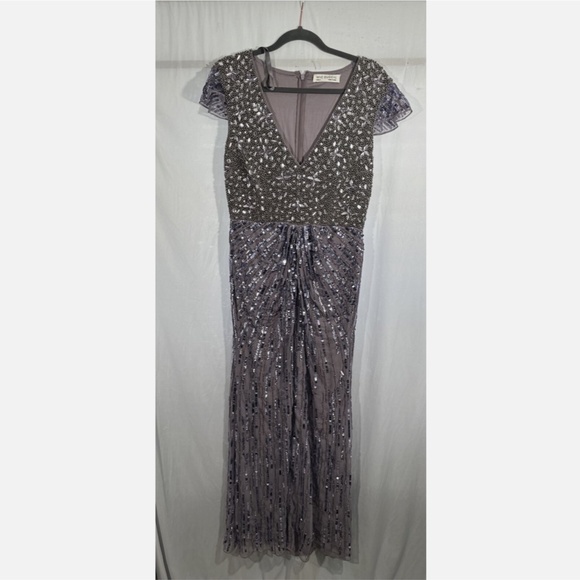 NWT $998 Mac Duggal [ 8 ] V Neck Cap Sleeve Hand Embellished Gown Heather Purple - Picture 8 of 16